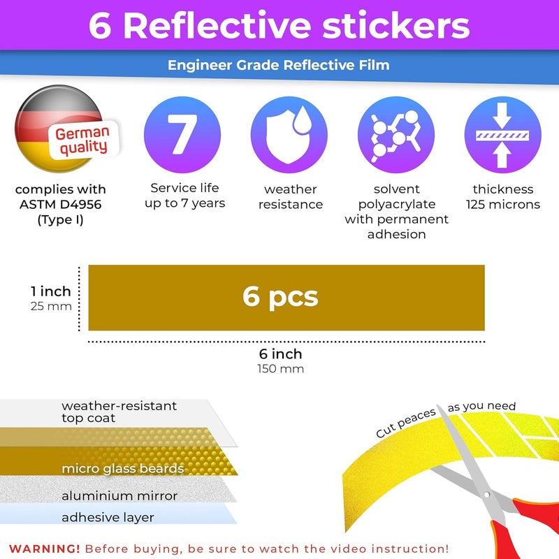Loom Reflective Stickers for Helmet | 6pcs Engineer Yellow | Similar to 3M Reflective Tape | Bike Reflectors for Night Riding, Mailbox reflectors | Waterproof hi vis Decals for Car, Trailer - Image 3